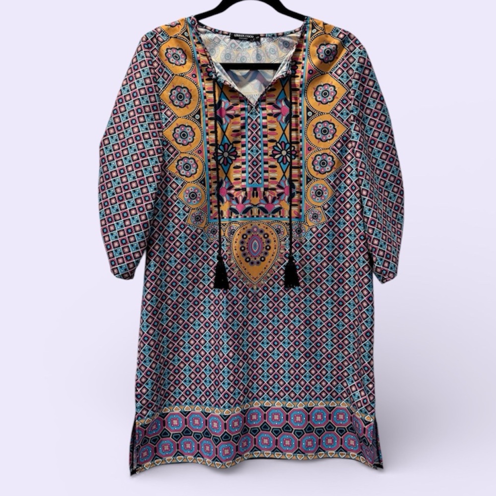 Urban Coco Geometric Patterned East Indian Style Tunic or Mini Dress w/ Tassels